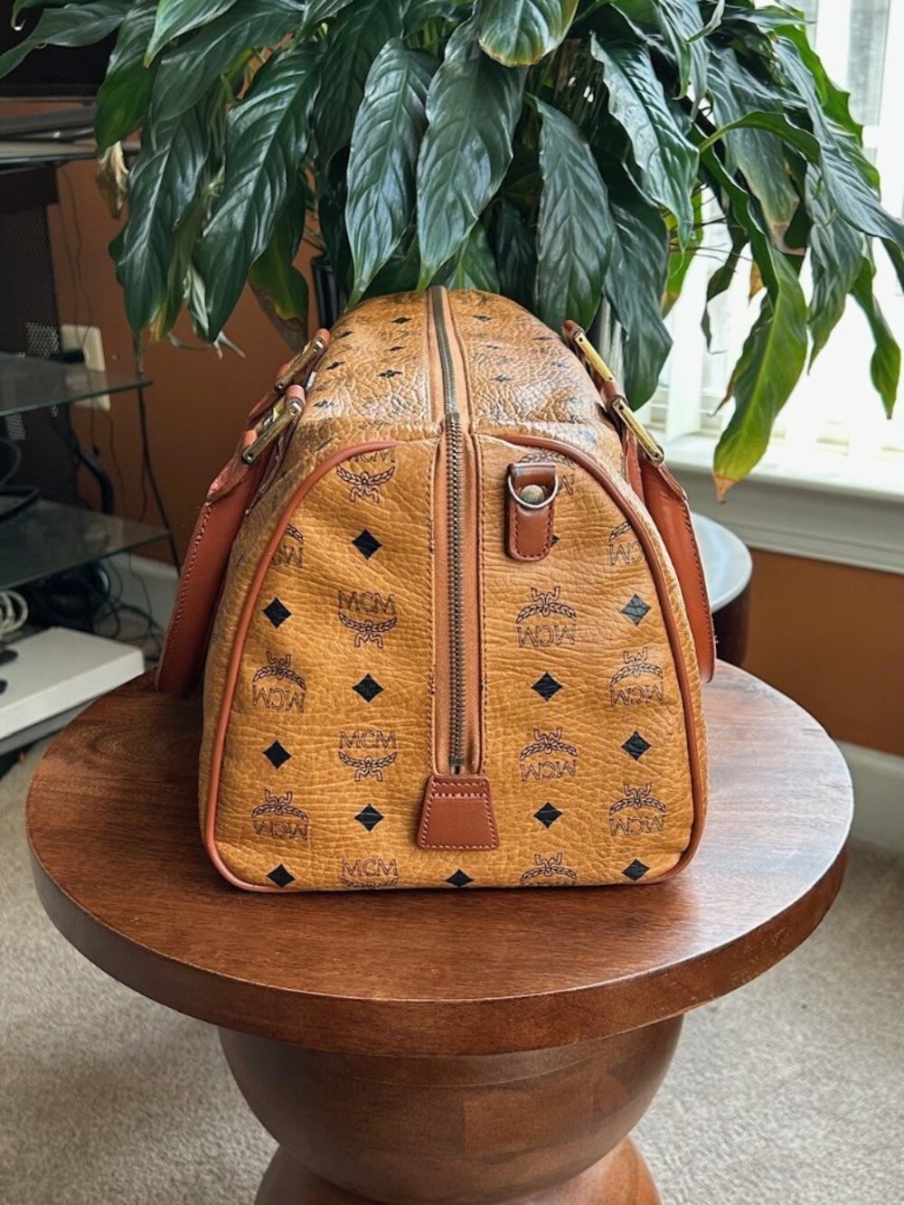 MCM Monogram Visetos Boston Bag, Cognac Tan 👜 - Picture 6 of 13